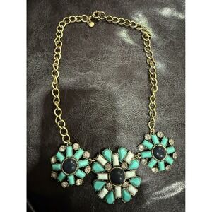 J Crew Statement Necklace Gold Tone Turquoise Blue Flower Gemstone Pendant